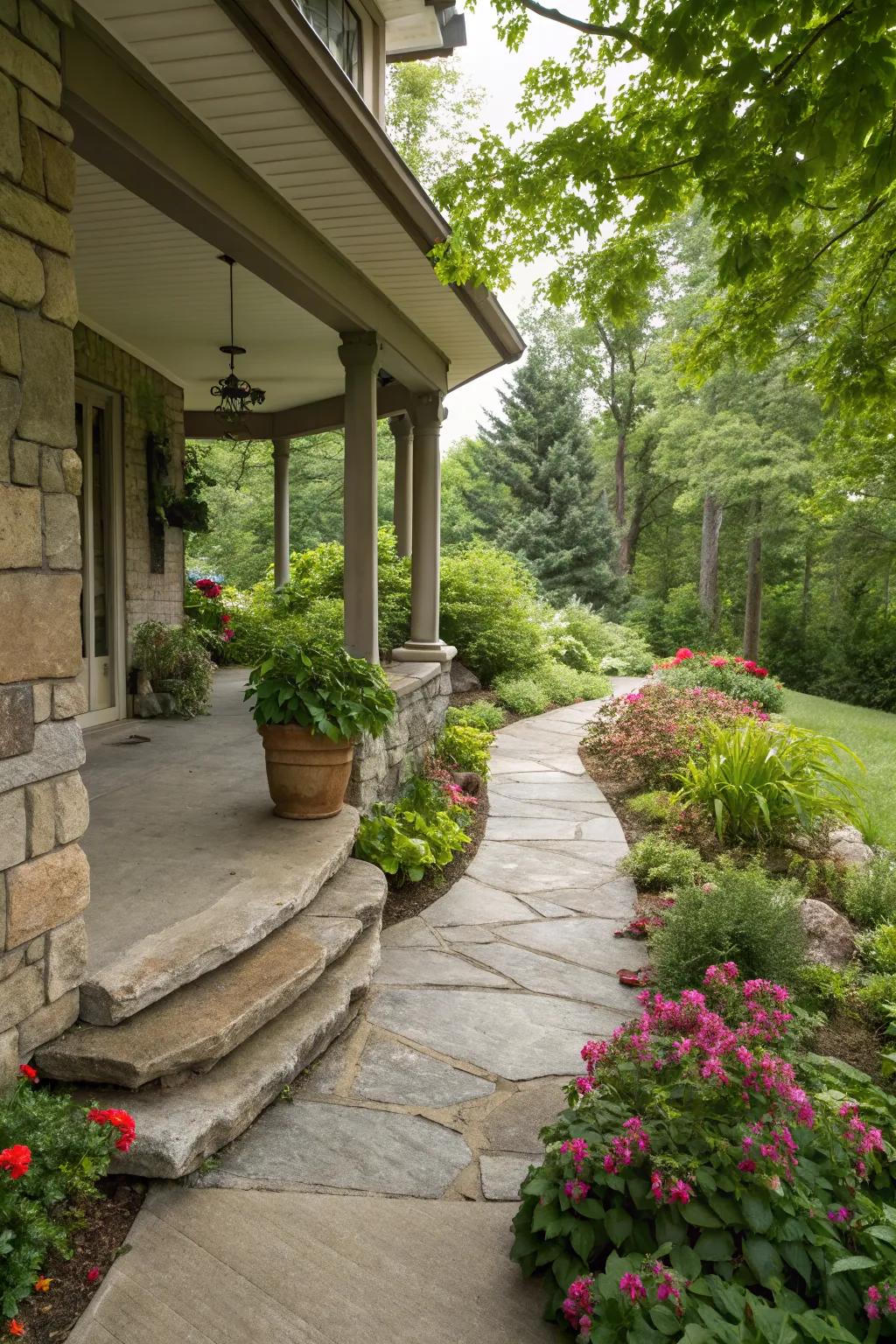 Natural borders integrate your cement porch with the surrounding landscape.
