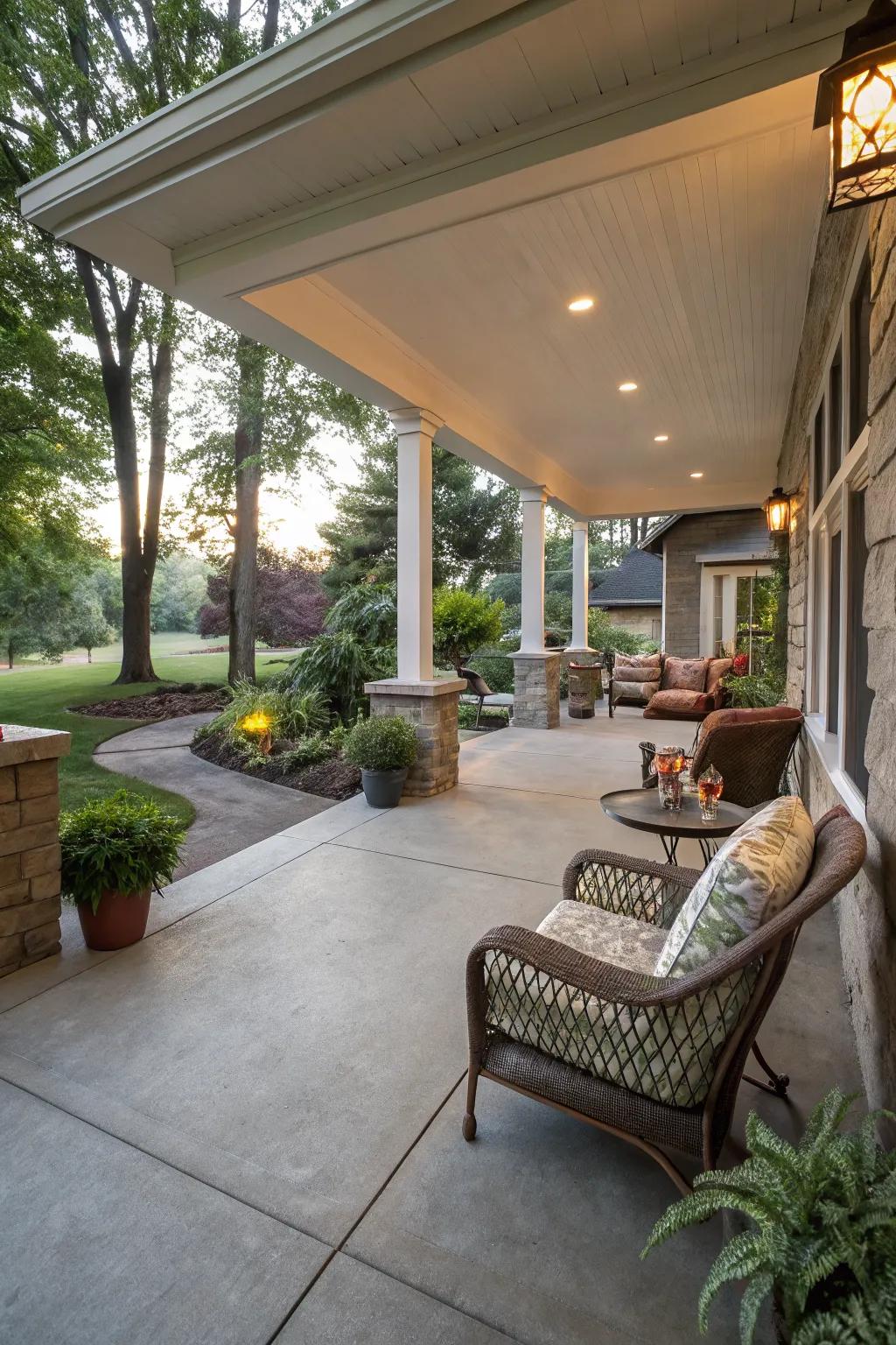 Furniture placement creates inviting zones on a cement porch.