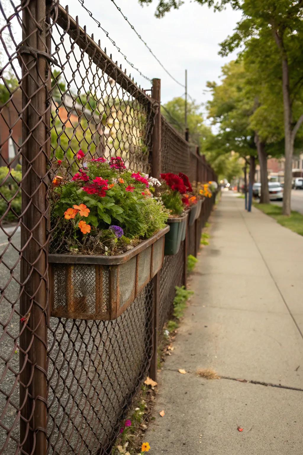 Planter boxes add greenery and seasonal color to any fence.