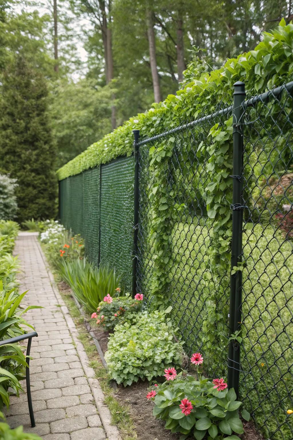 Artificial greenery panels offer a low-maintenance way to achieve a lush green look on chain link fences.