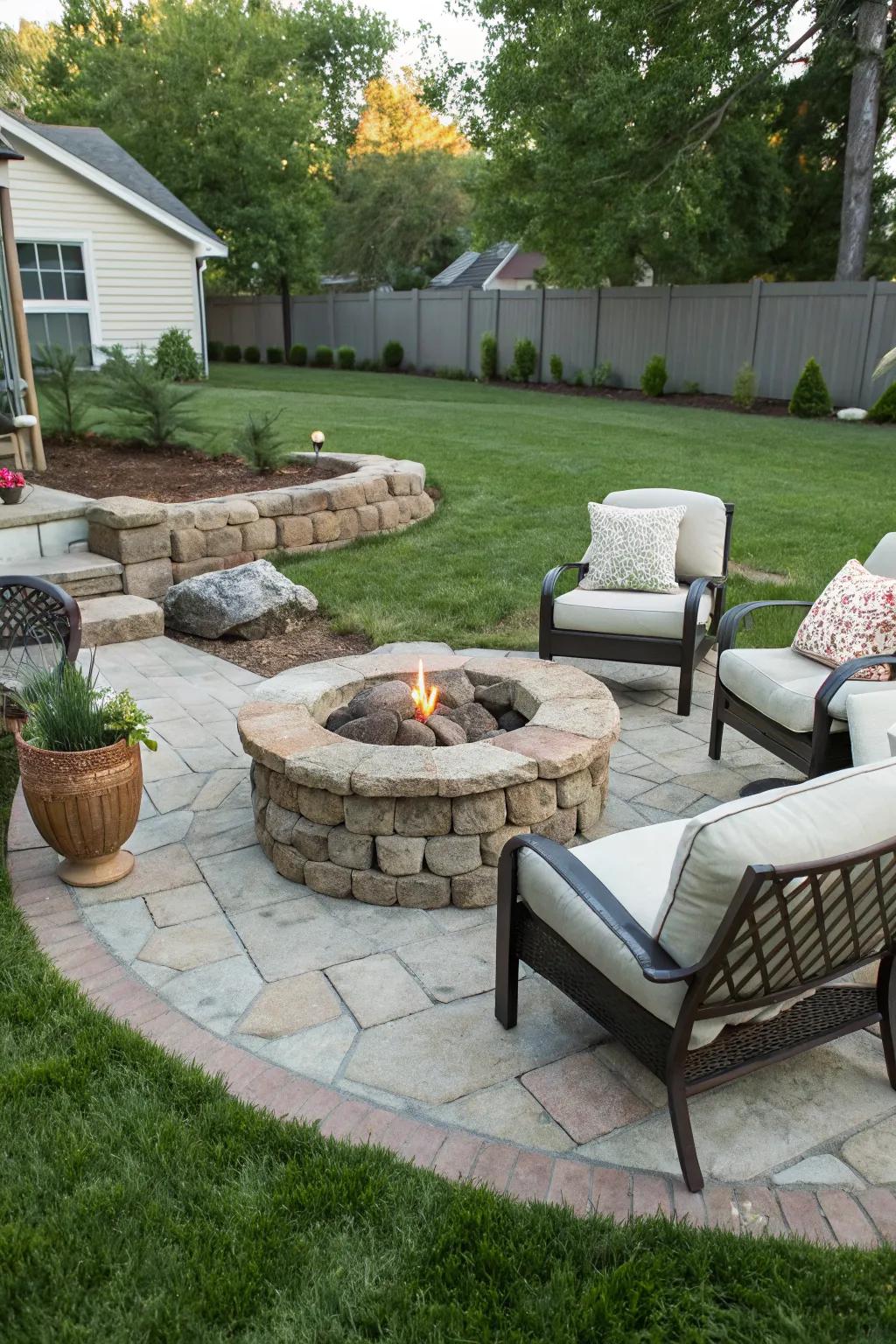 A DIY fire pit makes for cozy evenings outdoors.