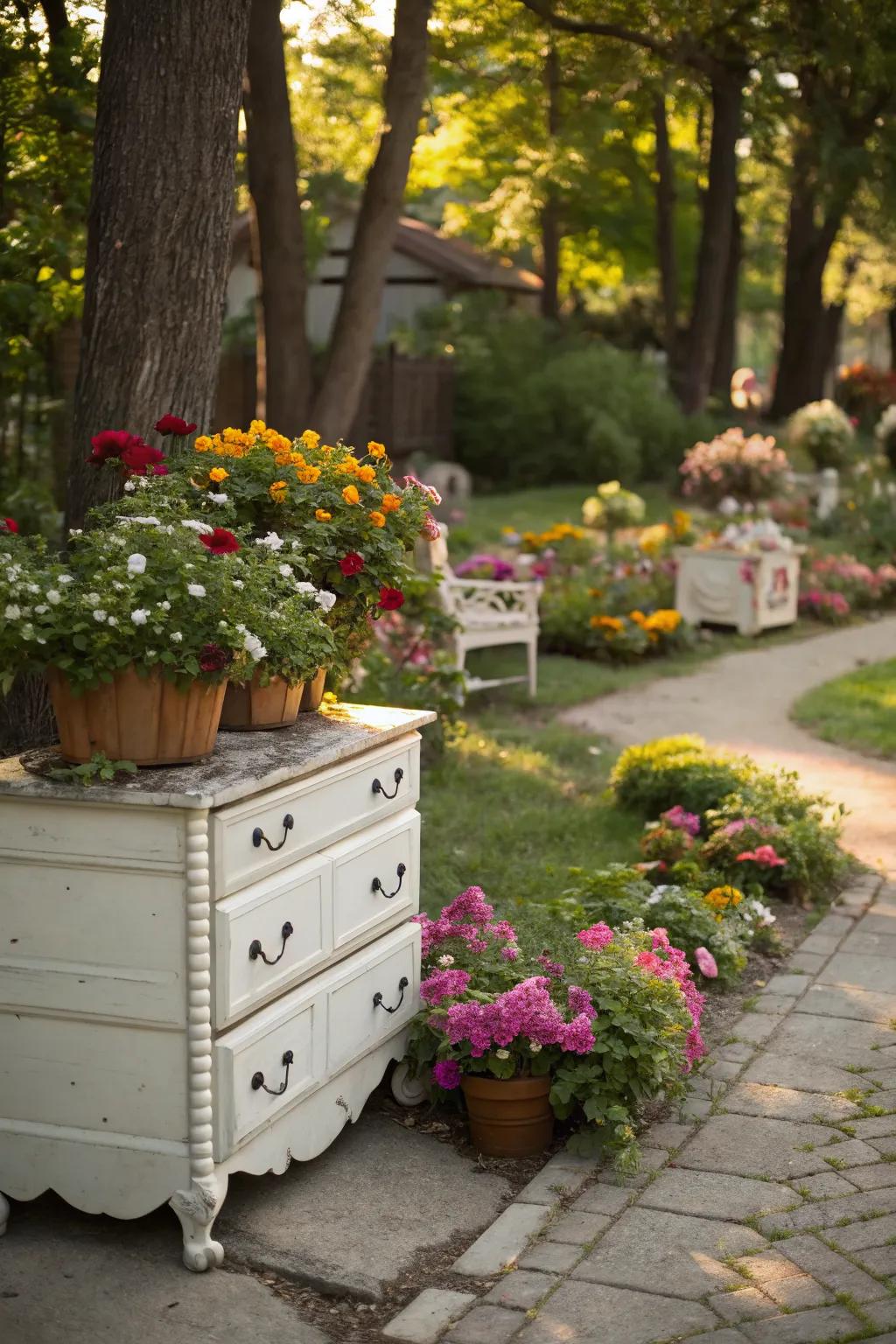 Repurposing old furniture gives your garden a unique and personal touch.