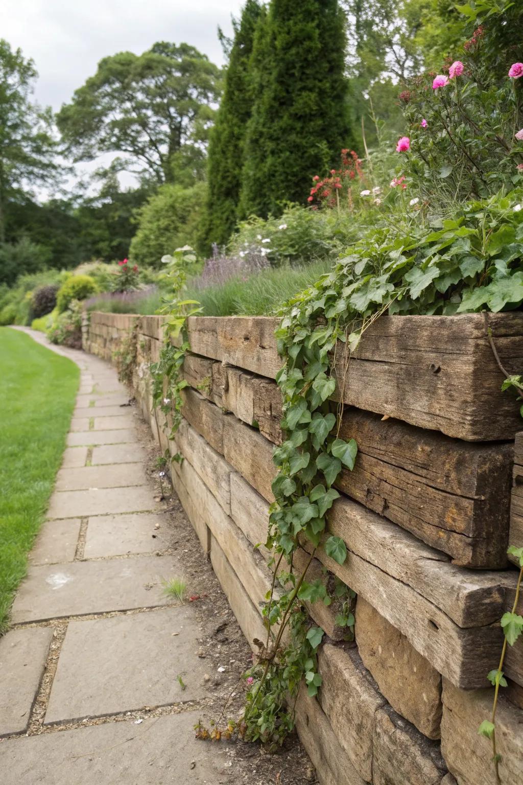 A rustic garden wall made from railway sleepers.