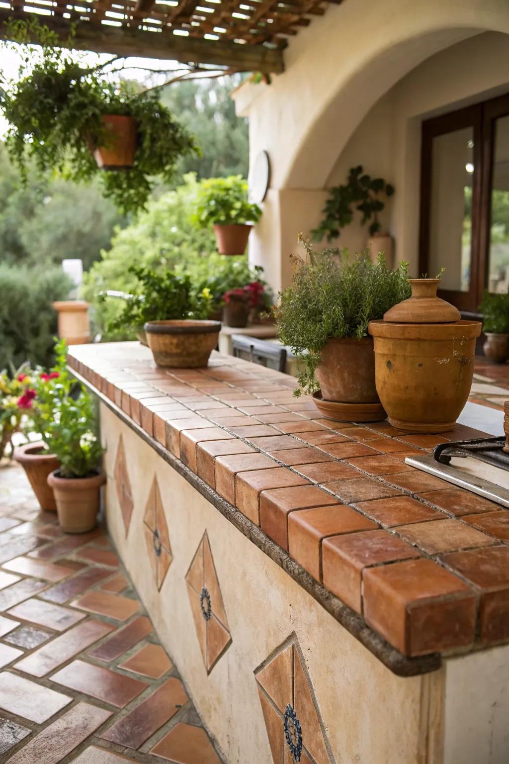 Terracotta tiles add warmth and charm to any outdoor kitchen setting.