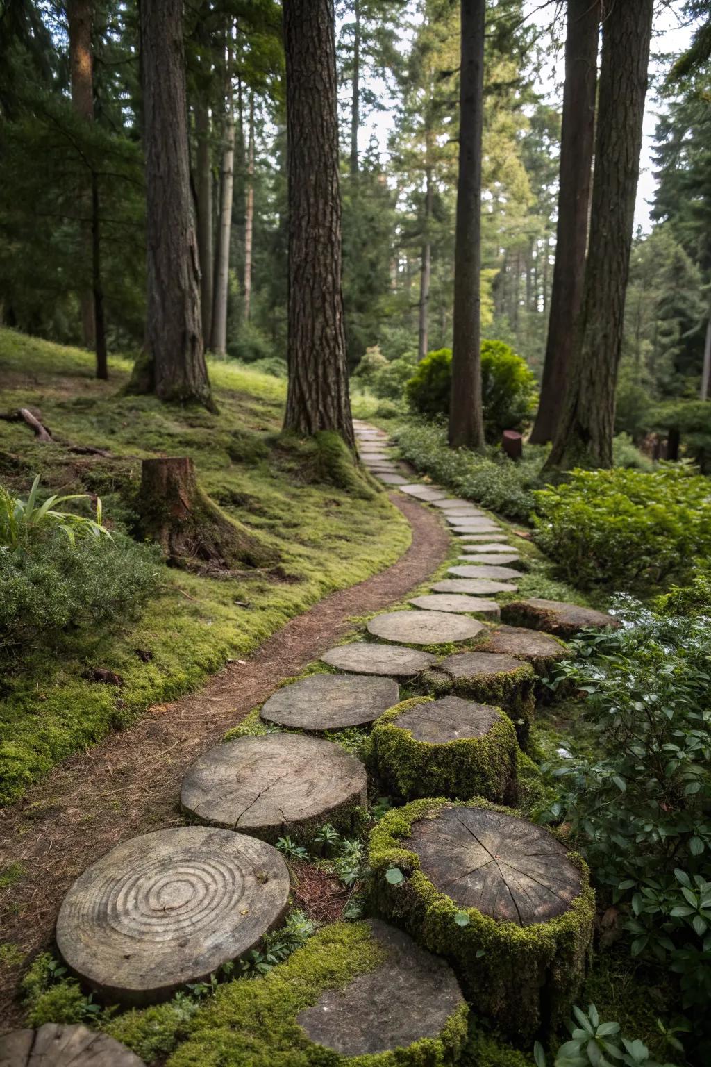Log slice paths create a playful and enchanting garden pathway.