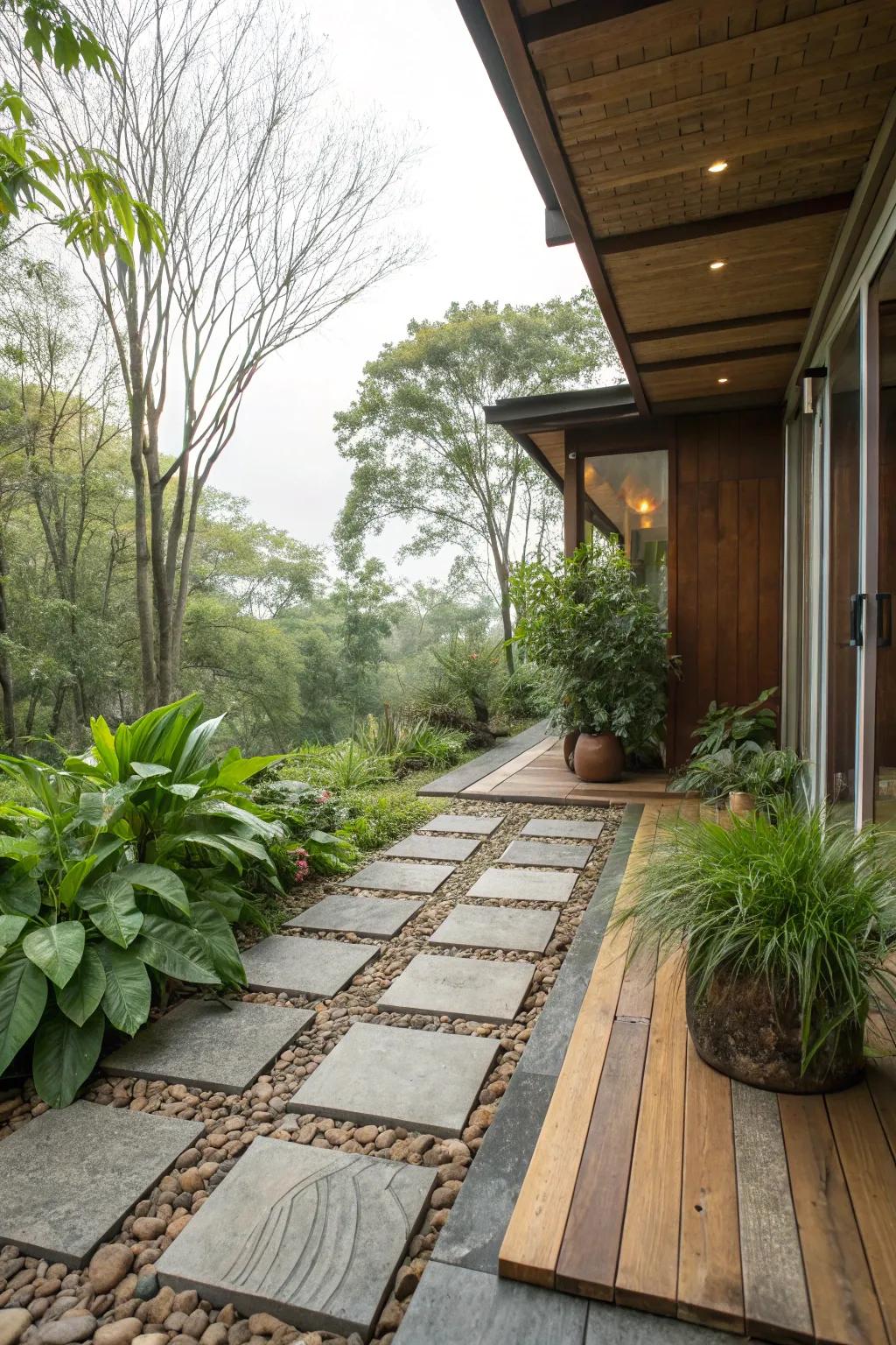 A mix of wood and stone pavers adds warmth and texture.