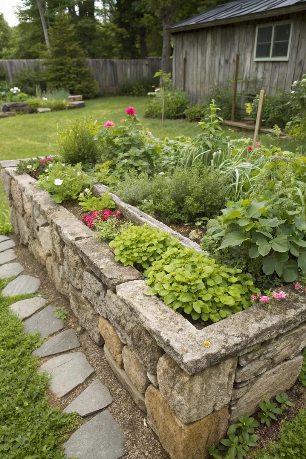 Natural stones create a rustic and elegant raised garden bed.