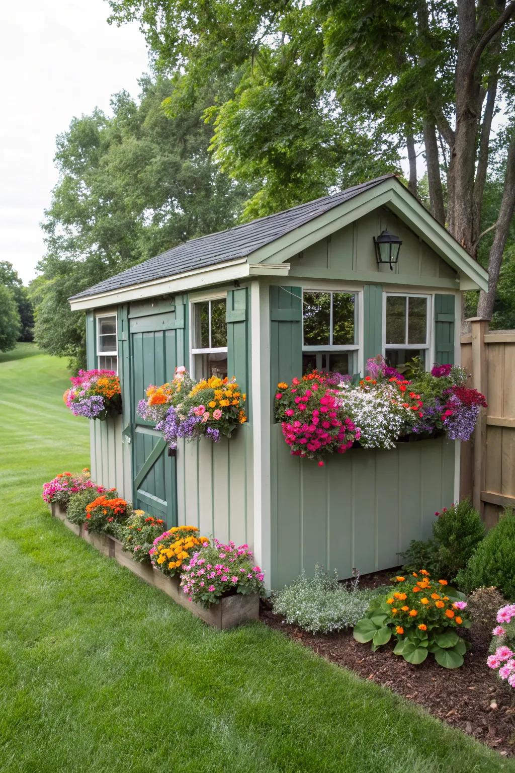 Window boxes bring color and life to a garden shed.