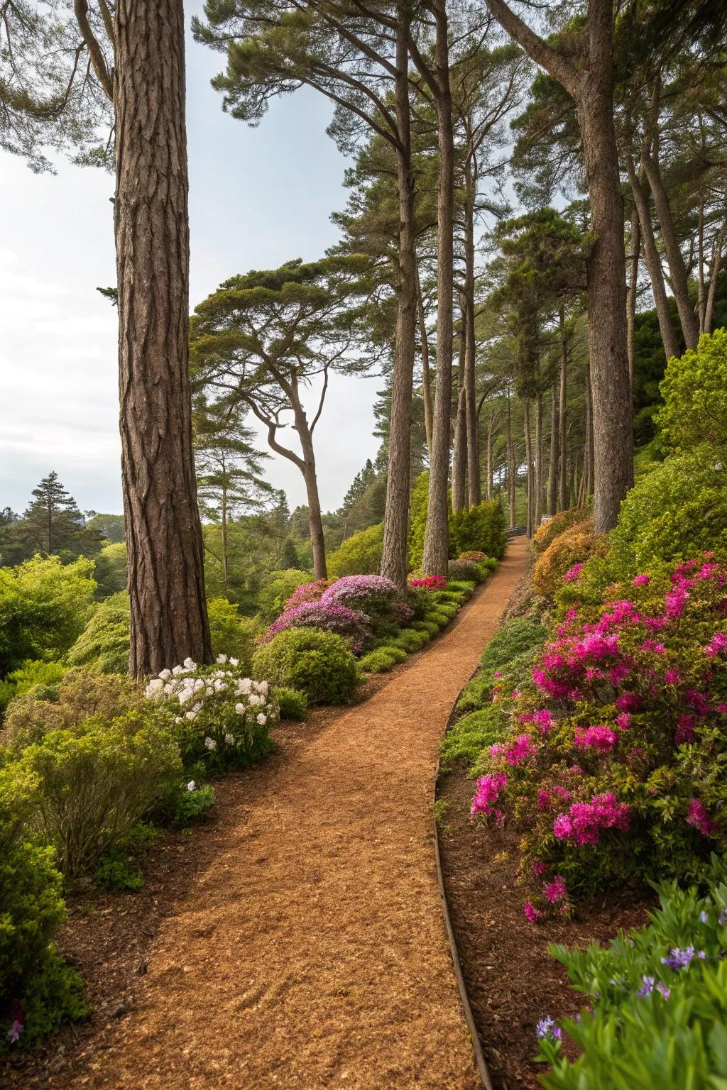 Bark mulch paths are ideal for woodland gardens.