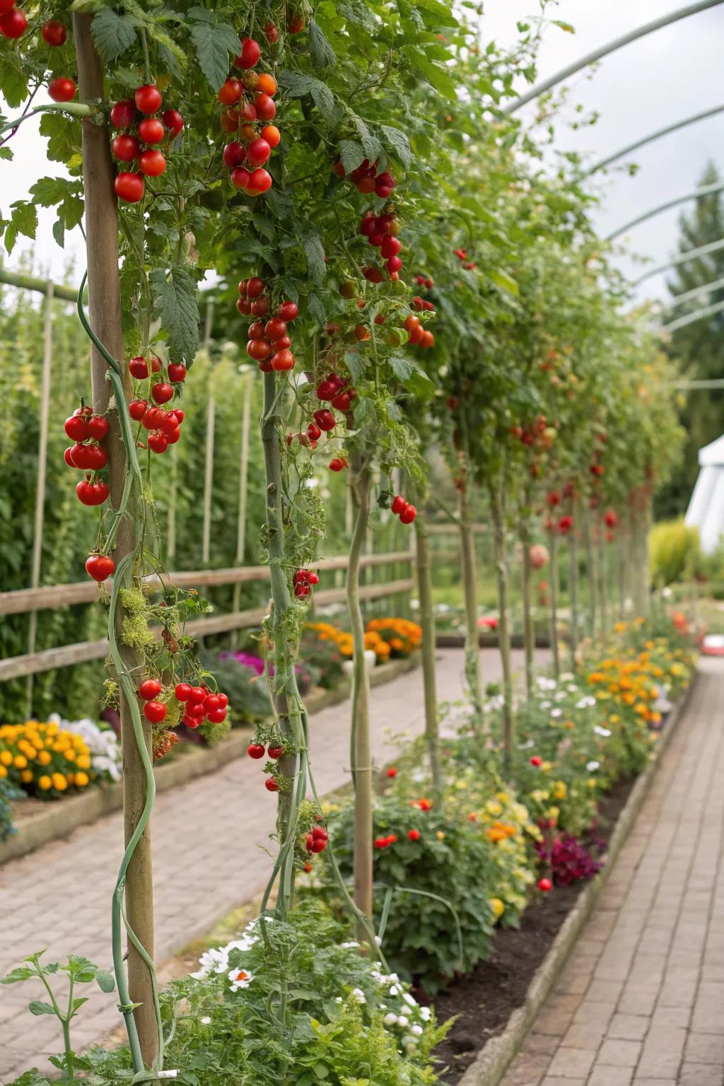 A magical floating trellis system with cherry tomatoes seemingly suspended in mid-air.