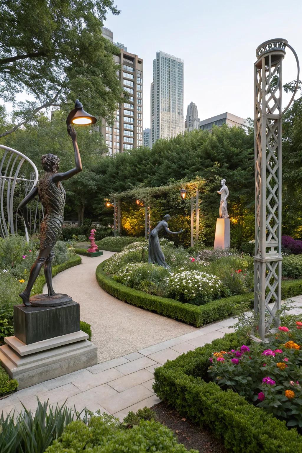 Artistic flair in a Chicago garden with sculptural elements.