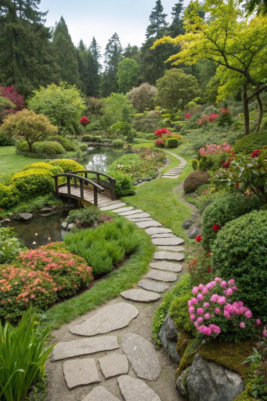 Winding pathways beckon children to explore the garden's hidden wonders.