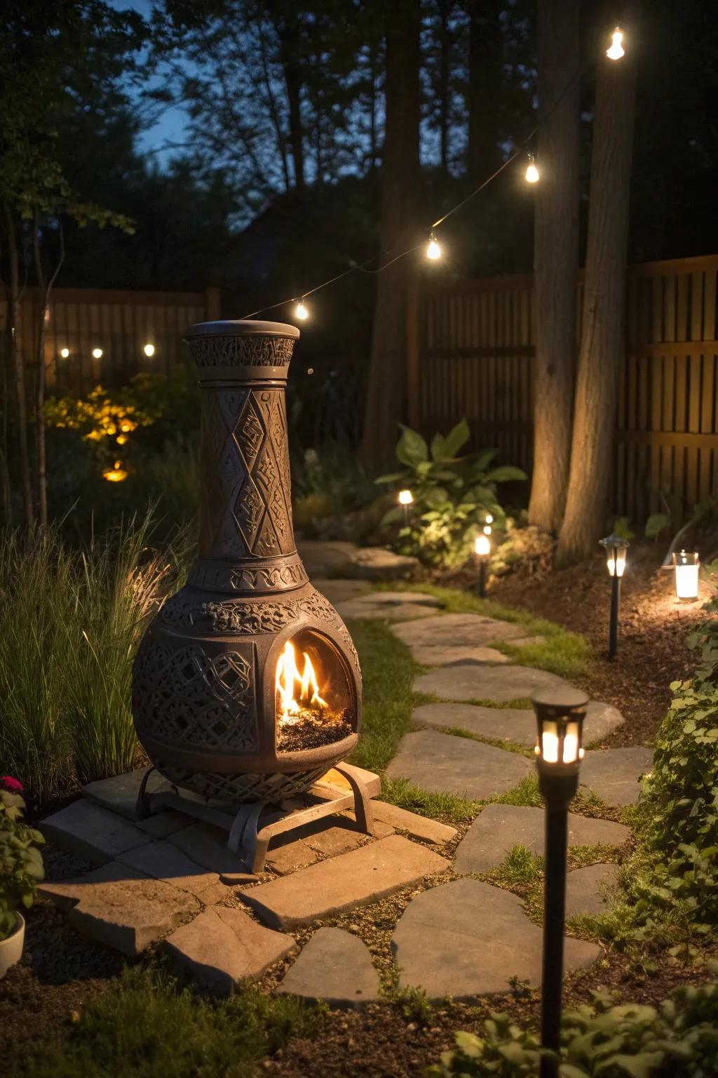 Enhance your chiminea's charm with solar-powered lights.