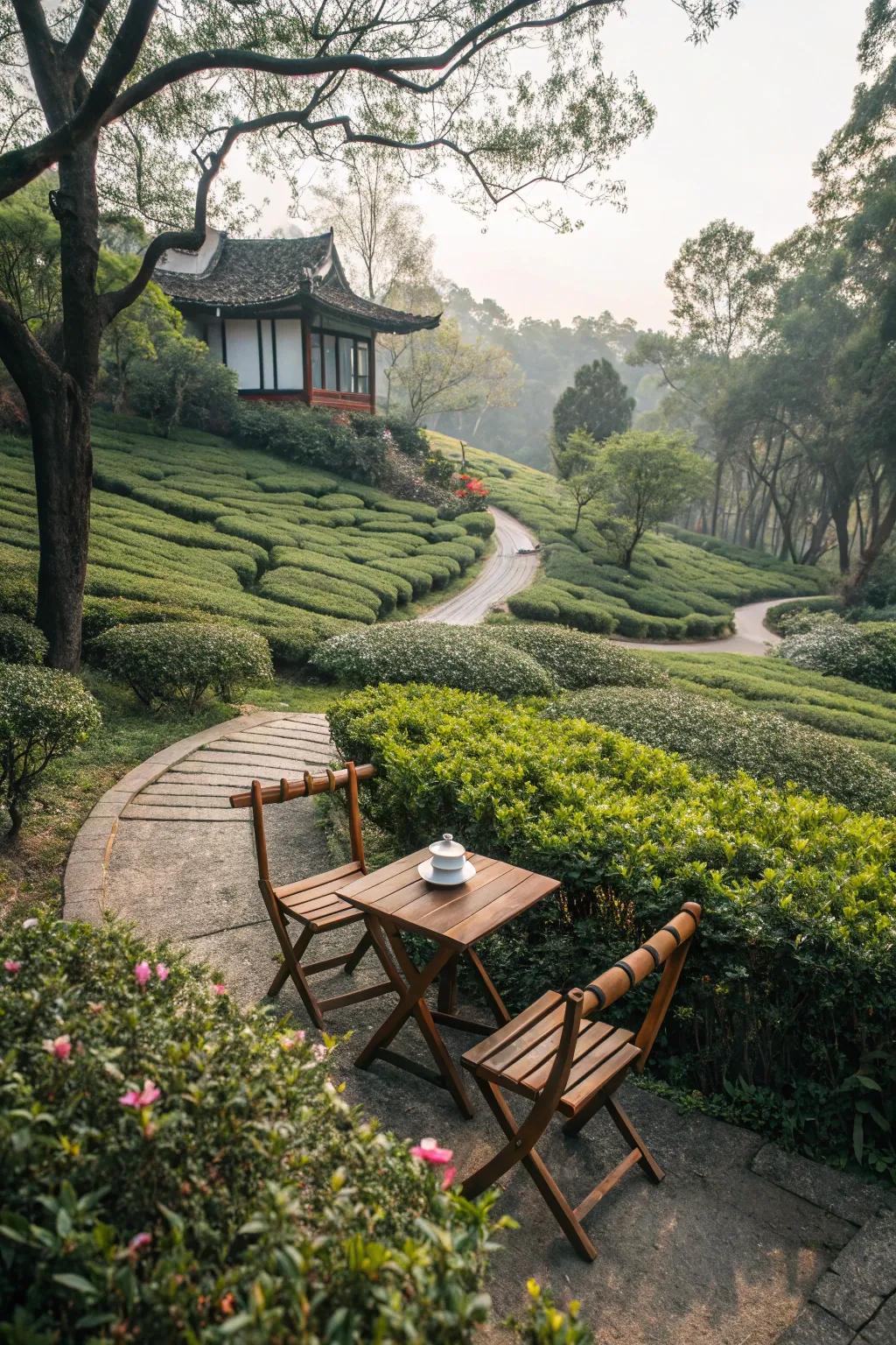 A cozy tea garden setup invites relaxation amid nature.