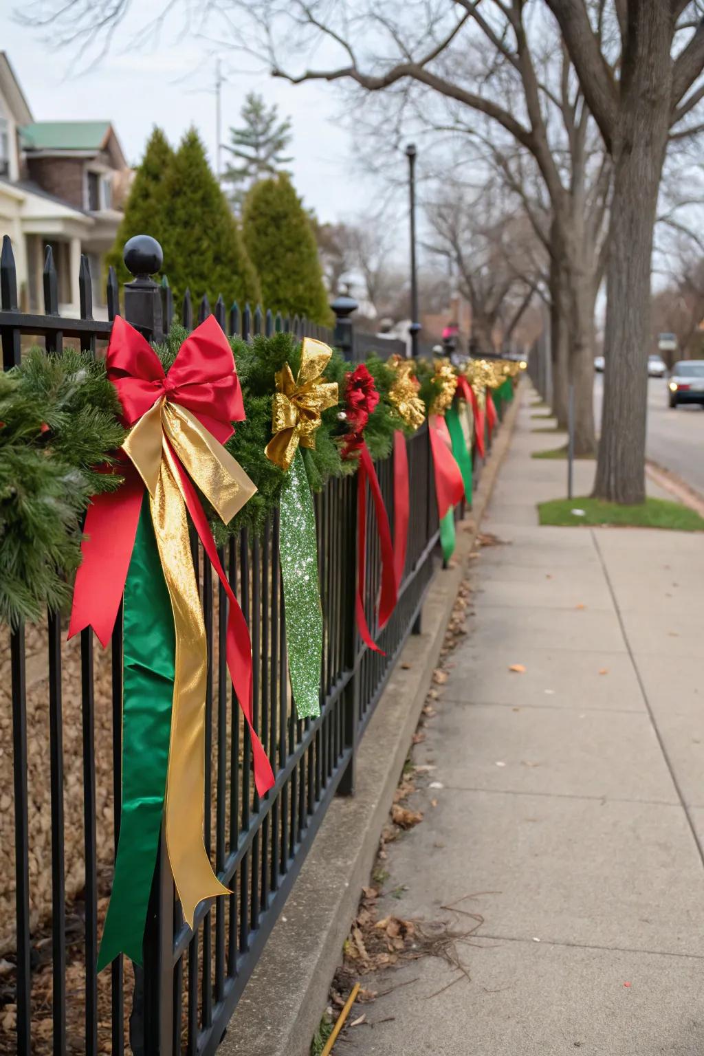 Ribbons and bows add a charming holiday accent to the fence.