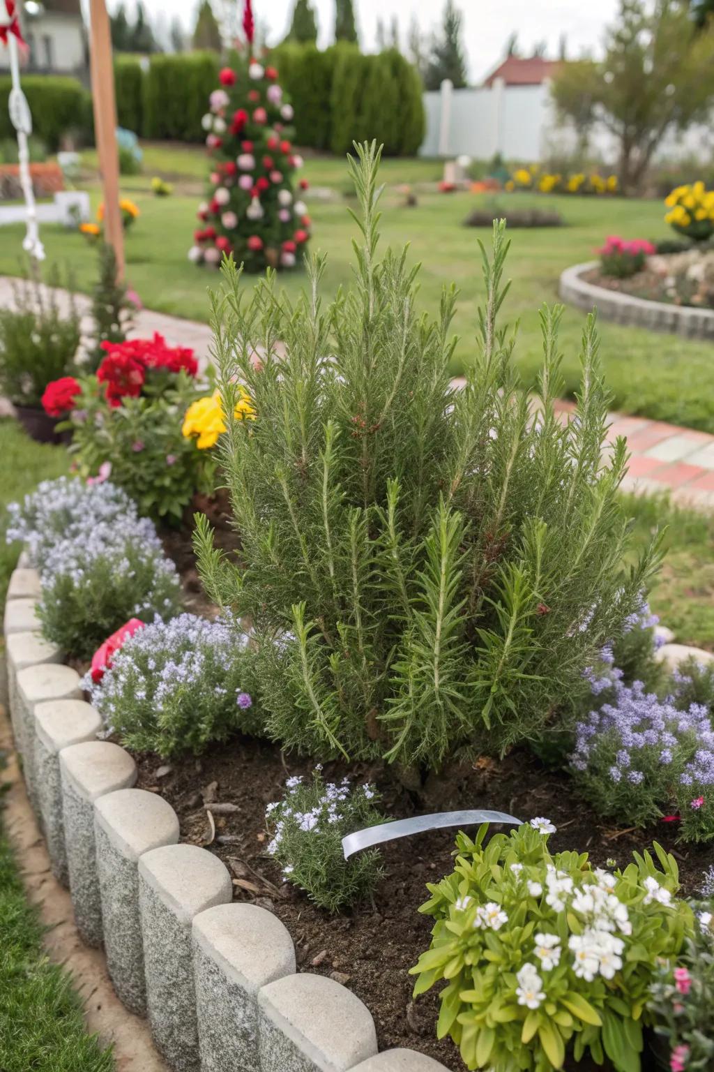 Rosemary and thyme add fragrance and festivity to flower beds.