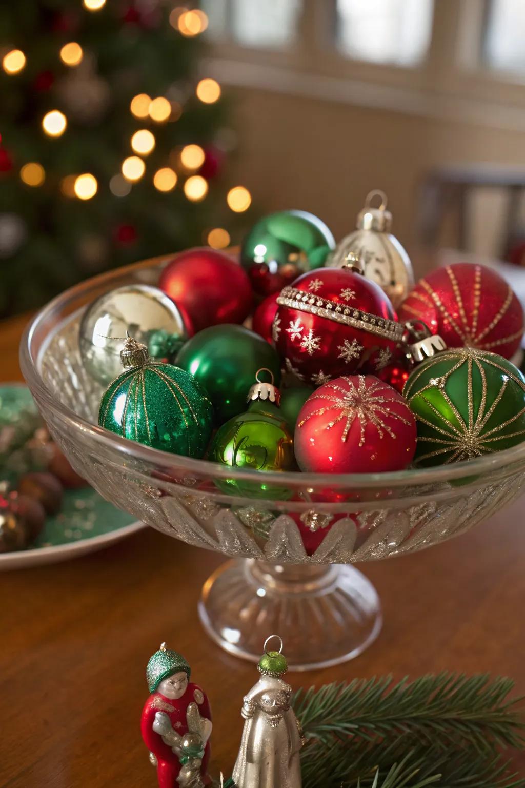 Vintage ornaments creating a nostalgic centerpiece