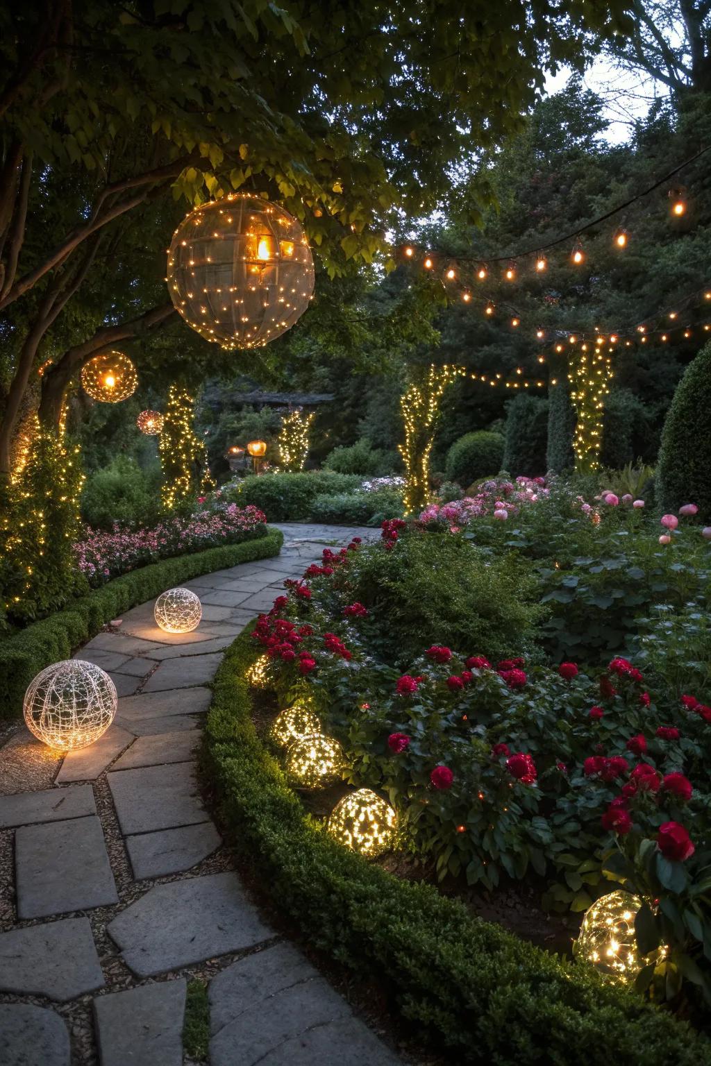 Sparkling ornaments add elegance to the garden, enhancing the holiday decor.
