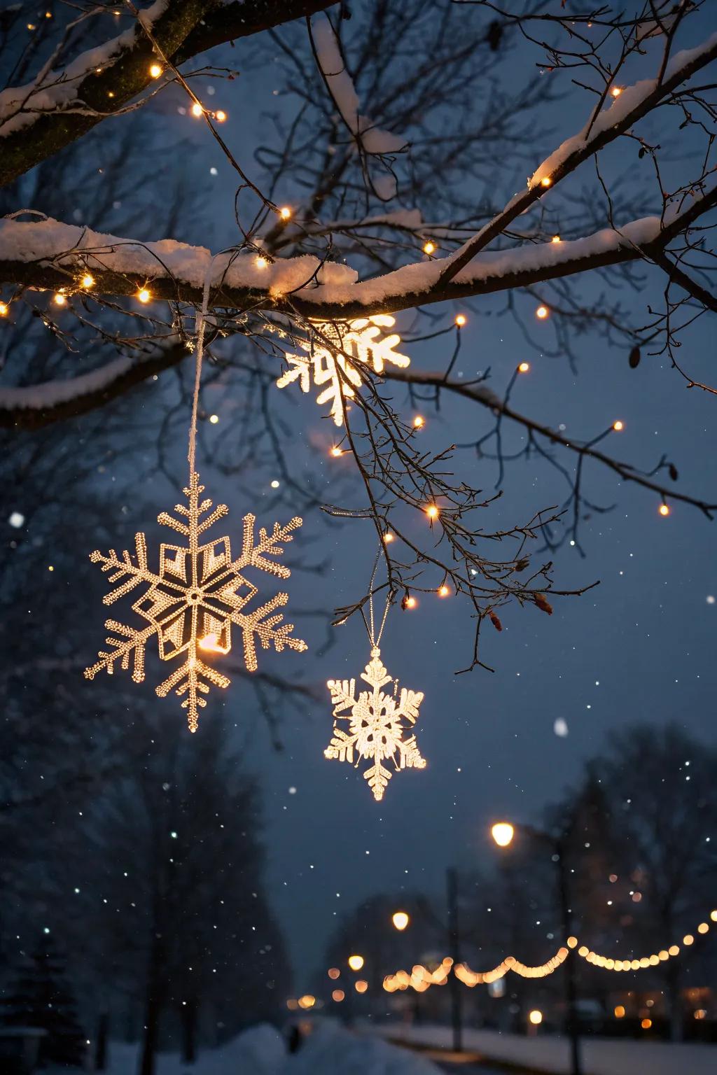 Glistening snowflakes bringing winter magic to a garden.