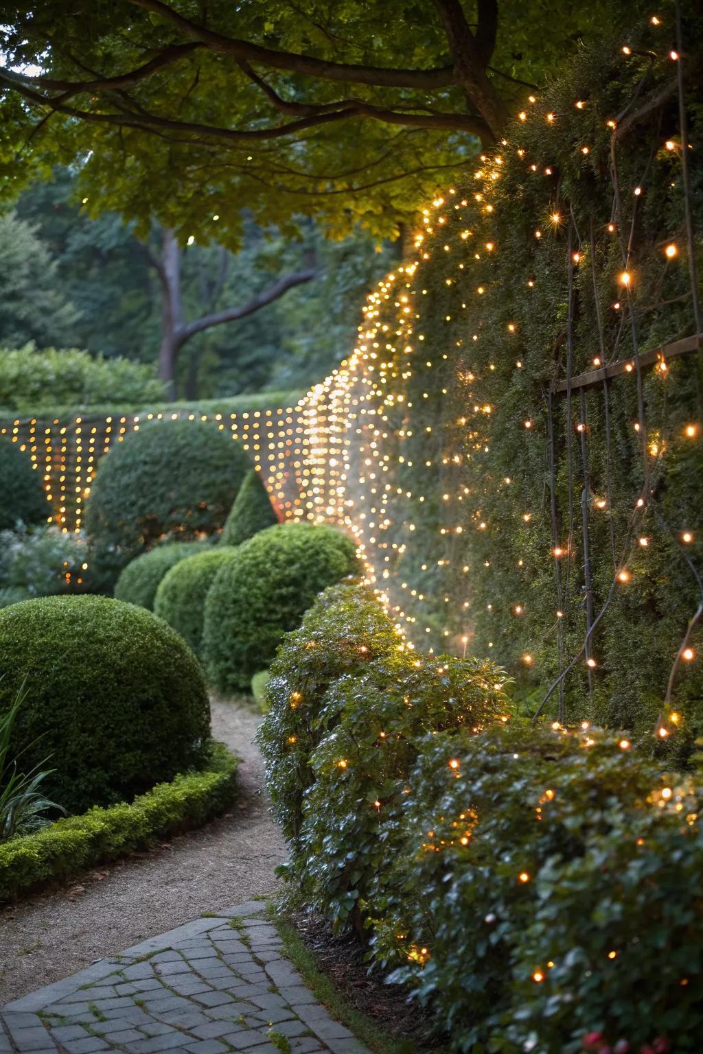 Garden glow with net lights providing a lush, festive backdrop.