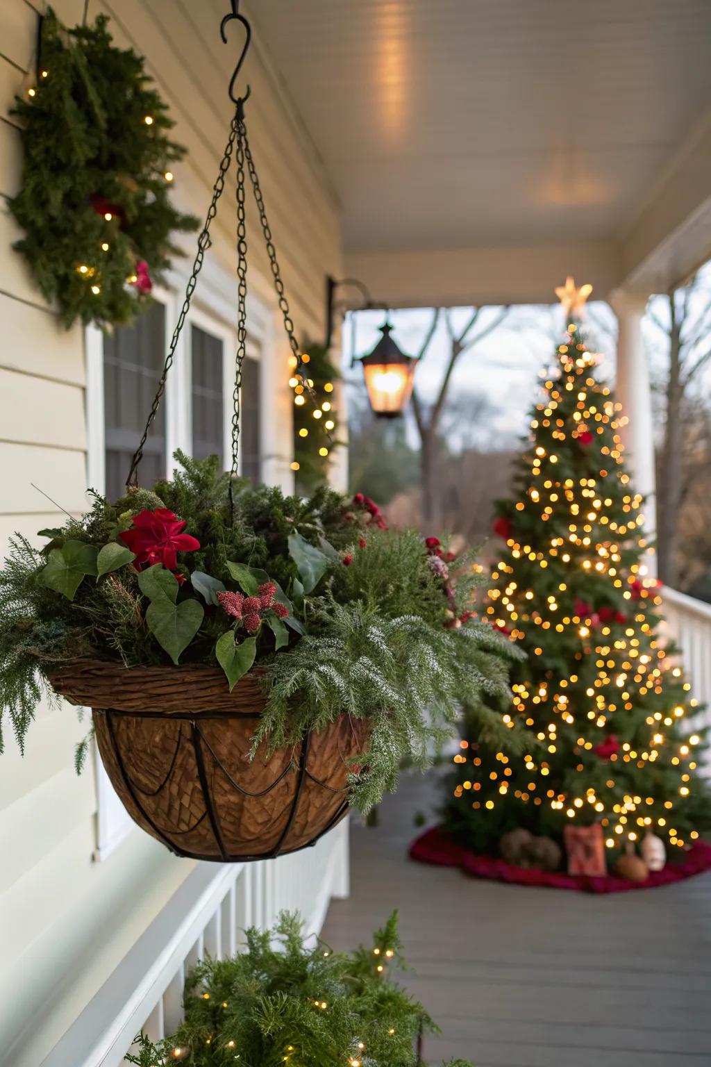 A hanging basket adds vertical interest and festive flair to your porch.