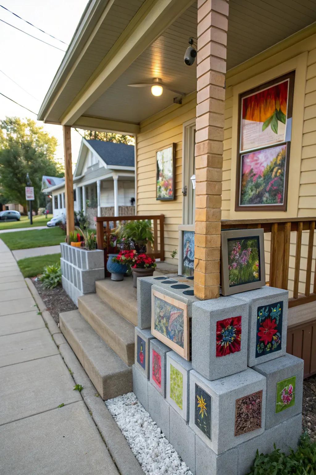 Personalize your porch with an art display using cinder blocks.
