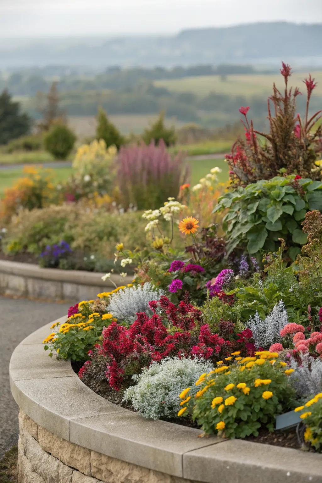 A dynamic circular flower bed showcasing seasonal rotations.