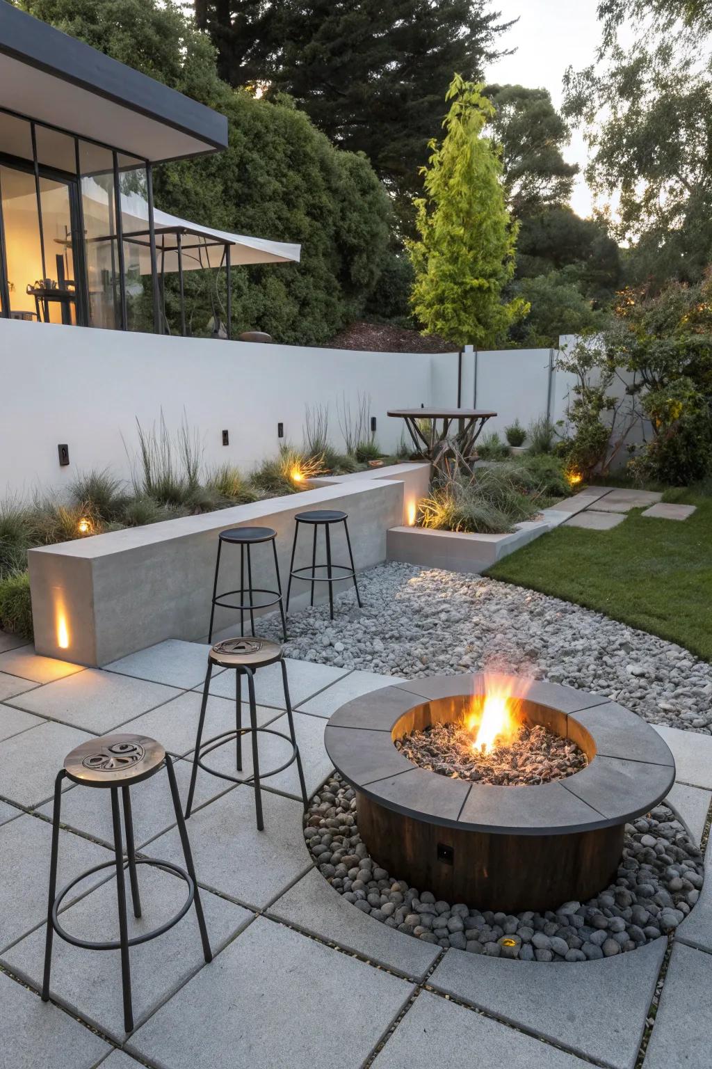 Metal stools contribute a sleek and industrial vibe to fire pit seating.