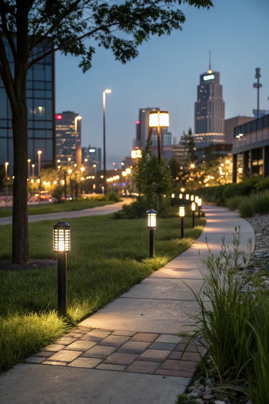 Illuminated pathways in a city front yard creating a magical ambiance.