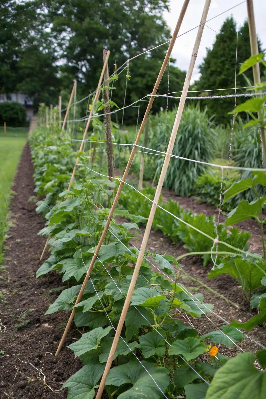 Minimalist zigzag twine trellis for efficient cucumber growth.
