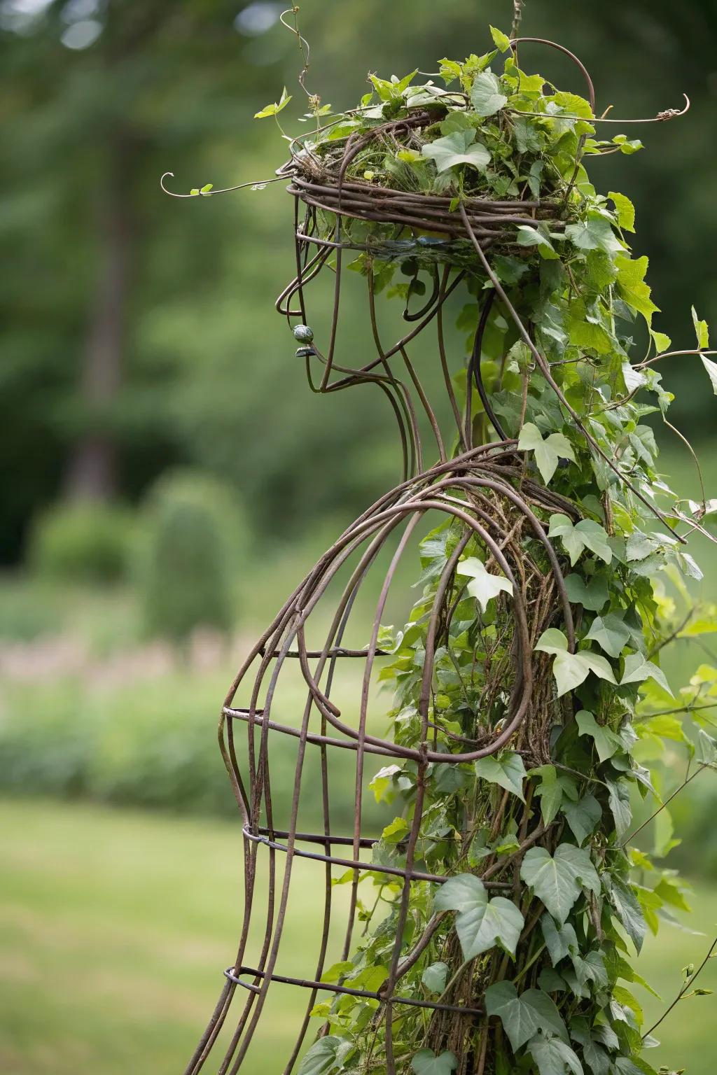 Artistic wire sculpture entwined with climbing plants