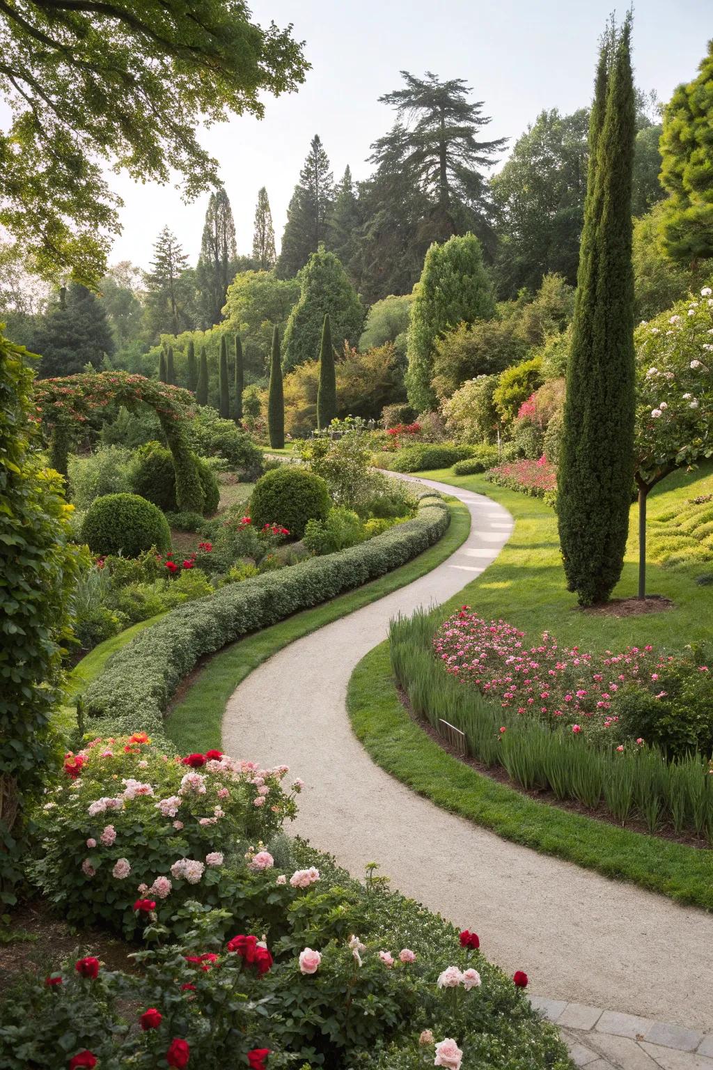 Curved pathways adding a flowing design element to the garden.
