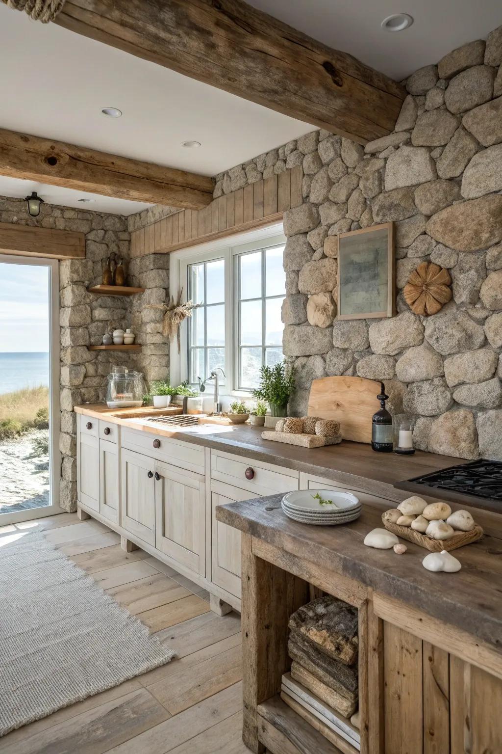 Kitchen showcasing textured natural surfaces.