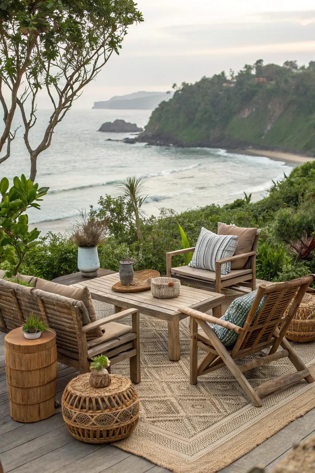 Eco-friendly materials create a sustainable and stylish coastal patio.