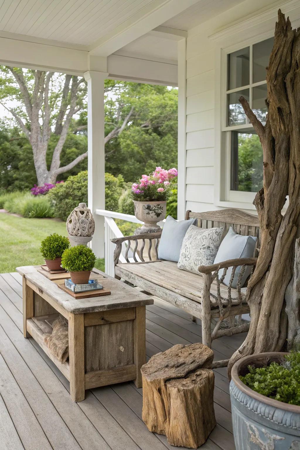 Driftwood adds a natural, beachy feel to your porch.