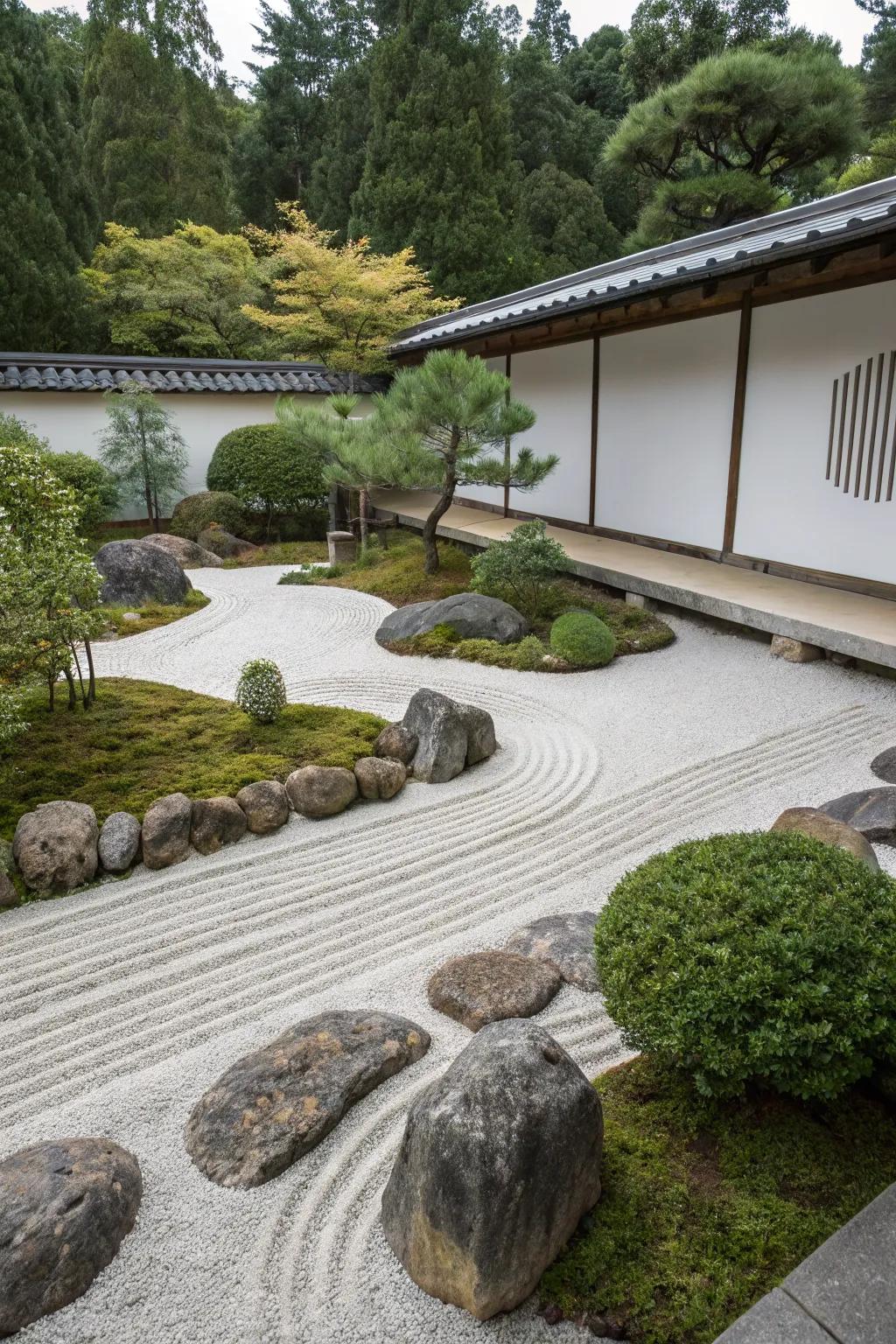 A modern Zen garden with cobblestones.