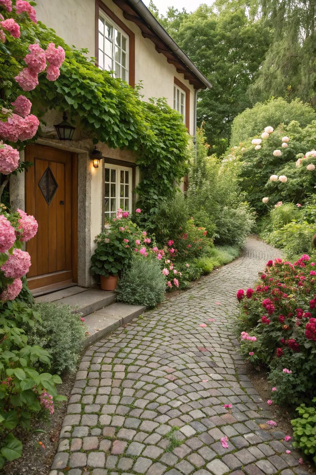 A rustic cobblestone entryway creating a warm welcome.