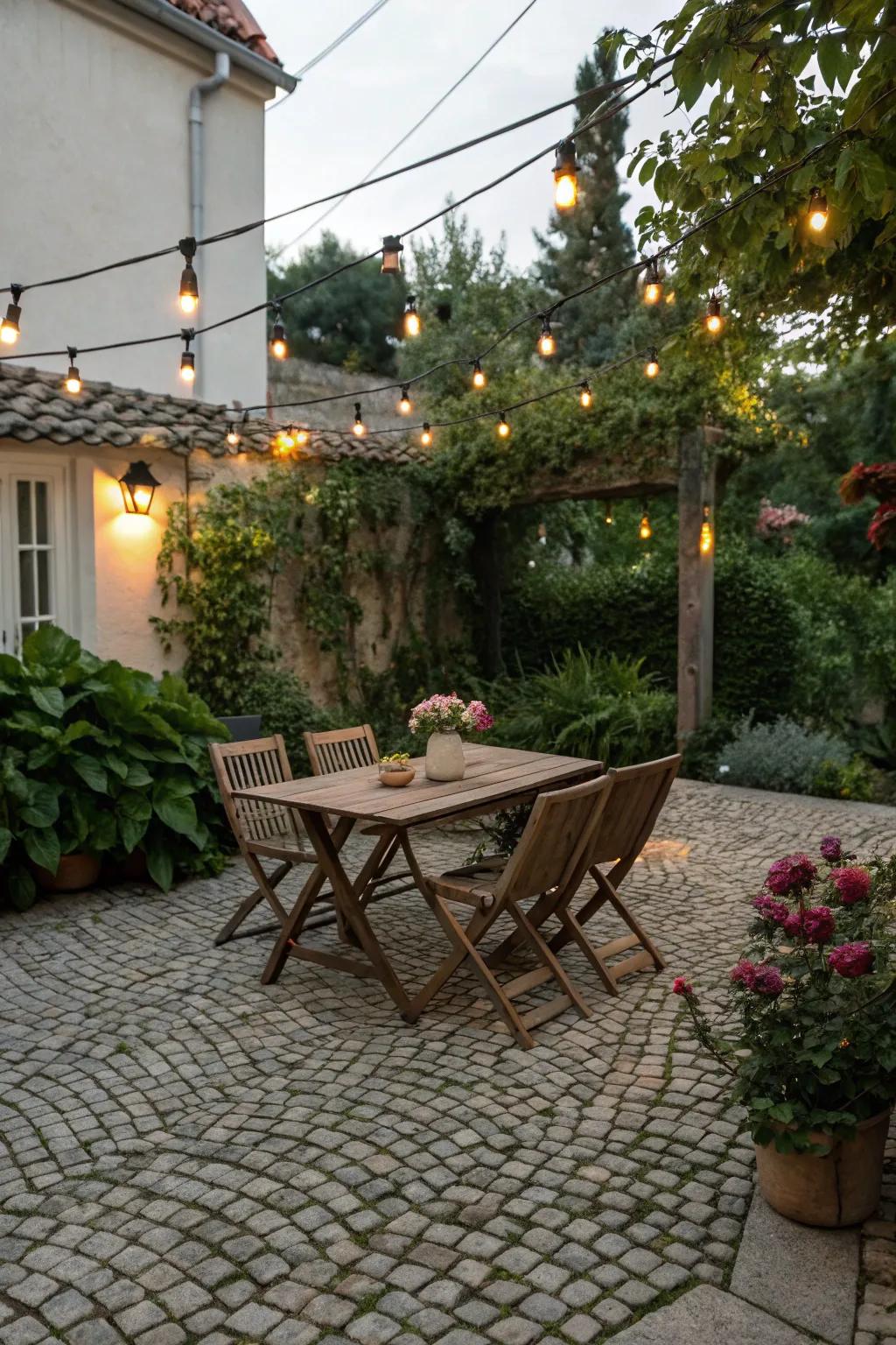 Dine under the stars with a cobblestone dining area.