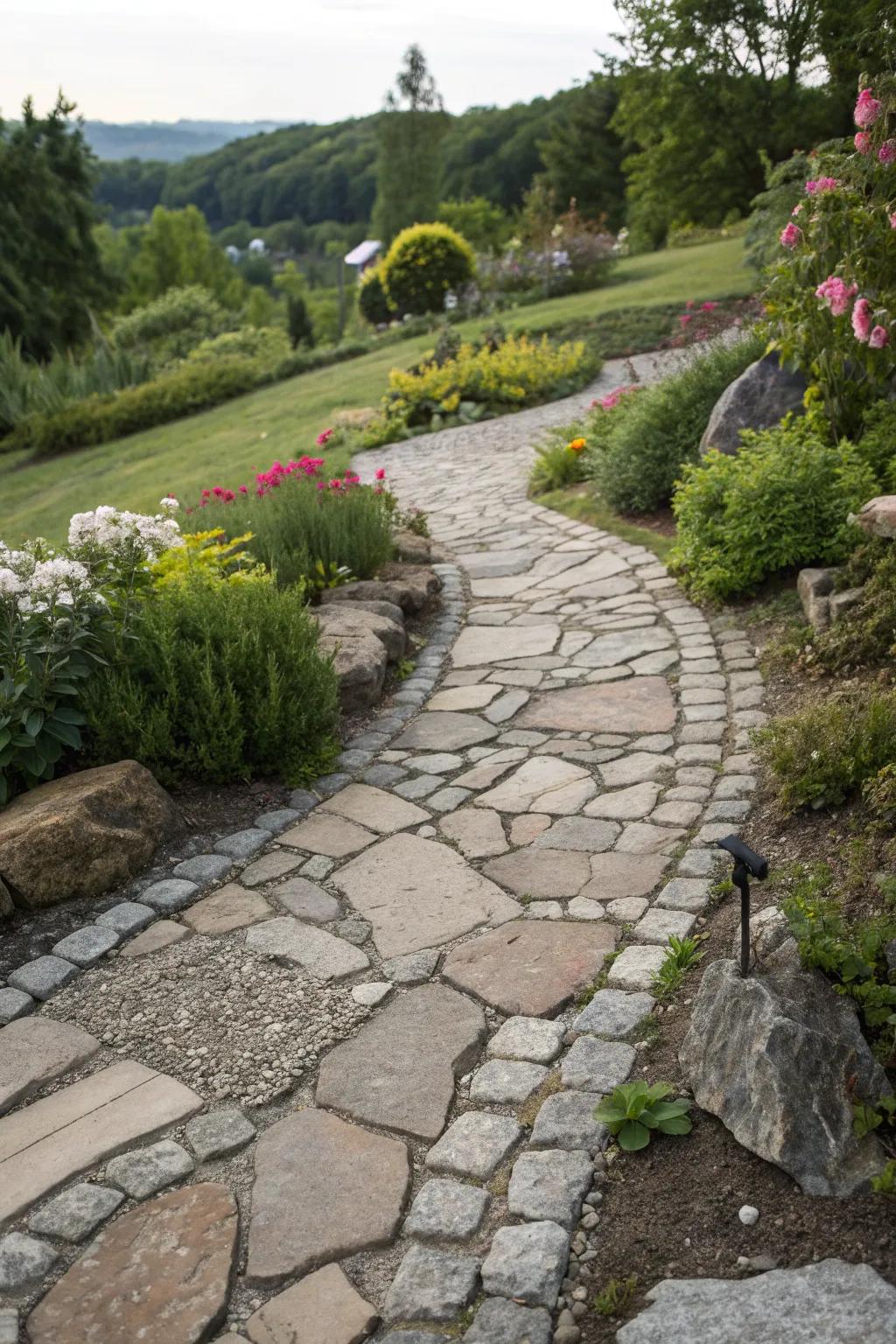 An artistic cobblestone path with uniquely shaped edges.