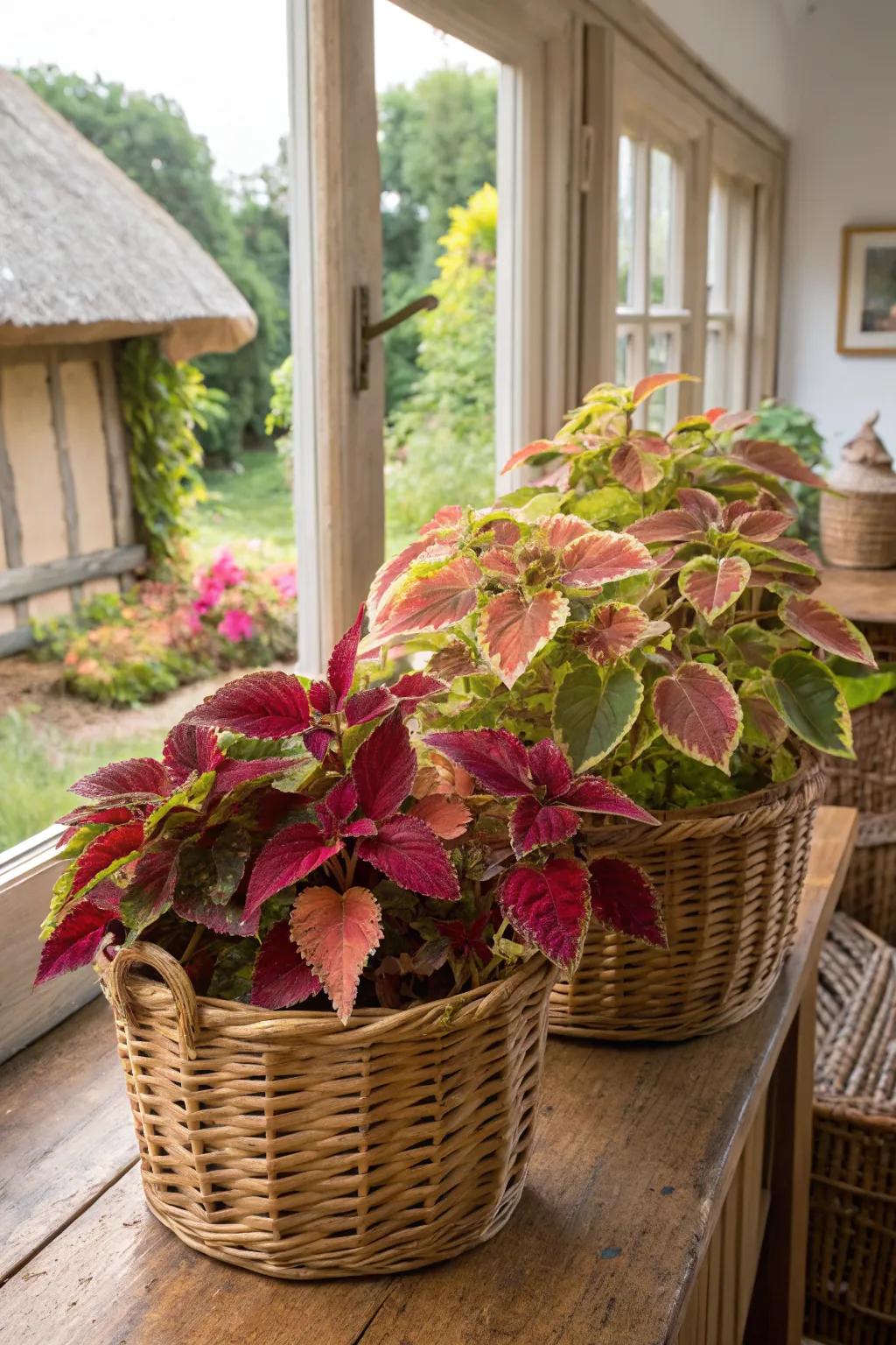 Cozy Cottage Charm with Coleus in Wicker Baskets