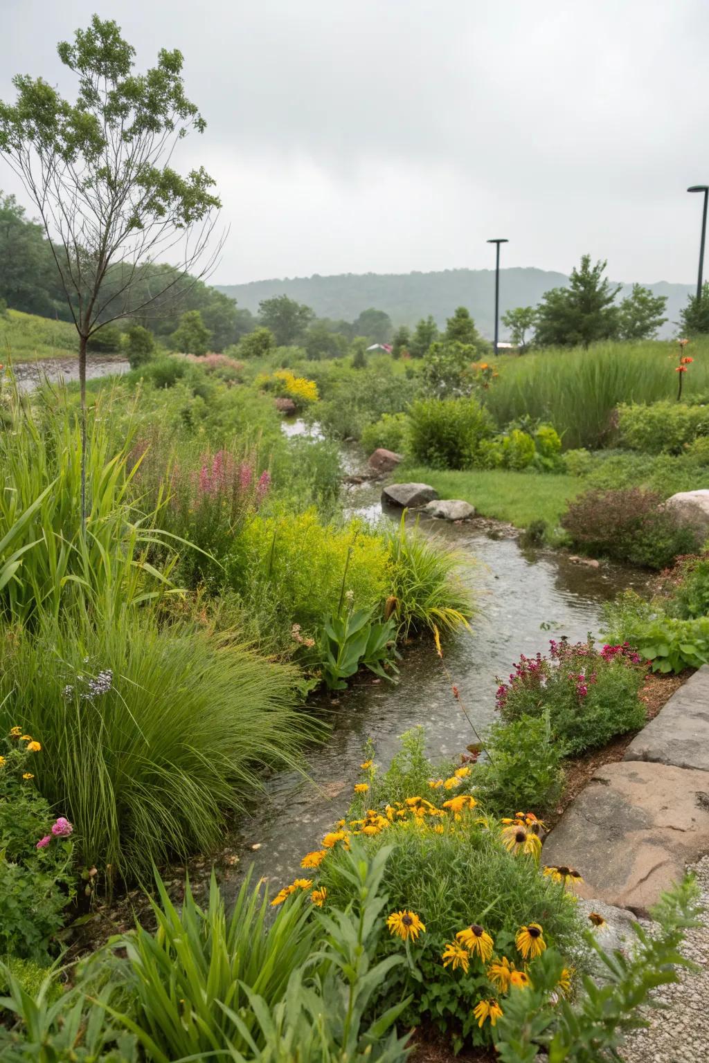 A rain garden enhances water absorption in a xeriscape.