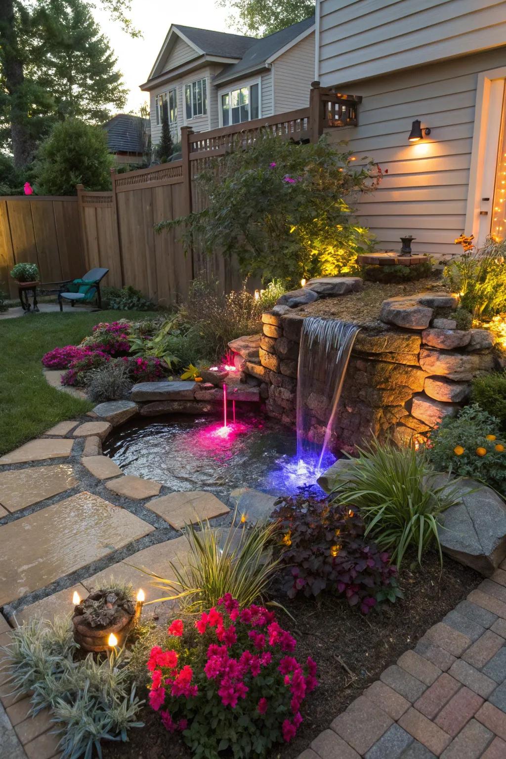 A colorful water feature adds movement and tranquility.