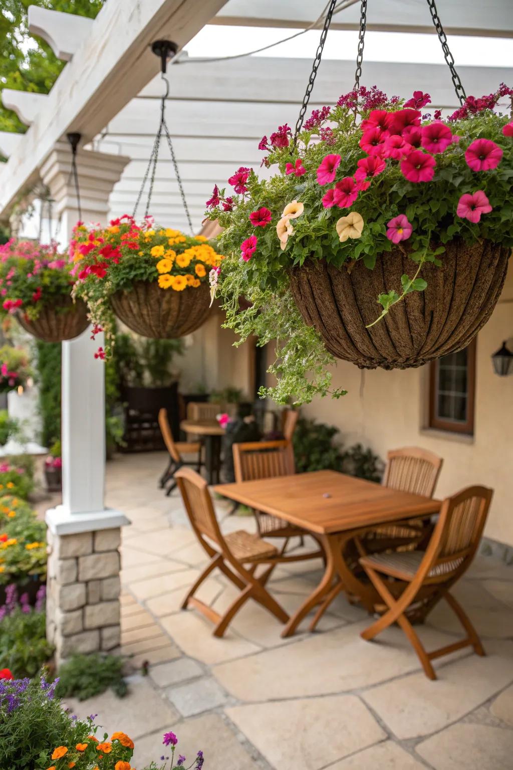 Hanging baskets introduce layers of vibrant color.