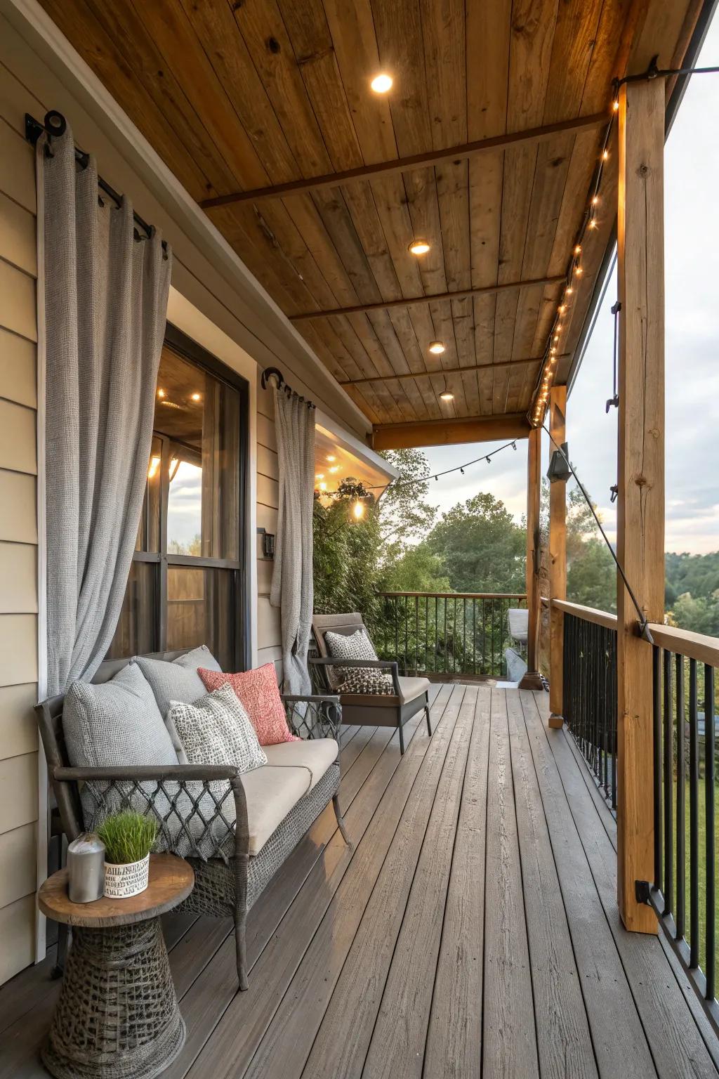 A porch with a mix of textures including wood, metal, and fabric elements.