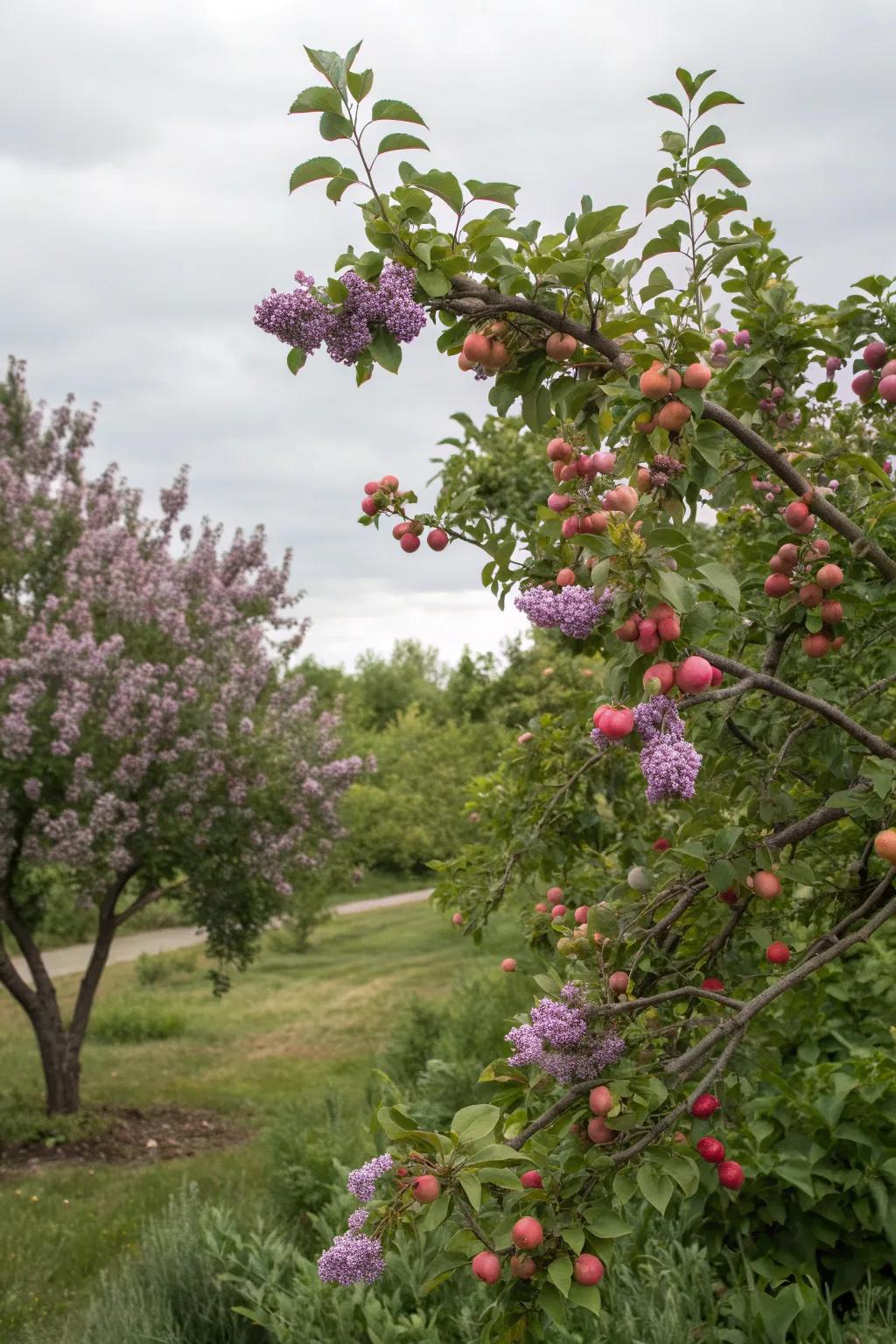 Flowering crabapples provide dual-season delight with lilacs.