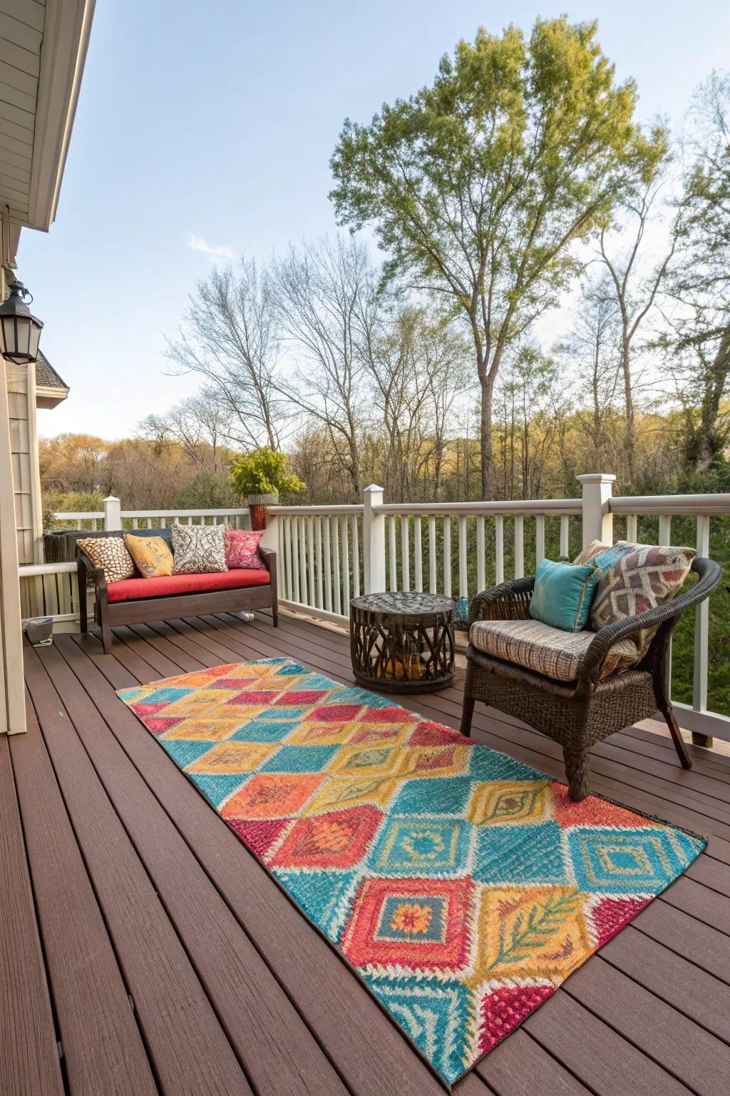 Outdoor rugs bring texture and color to this deck.