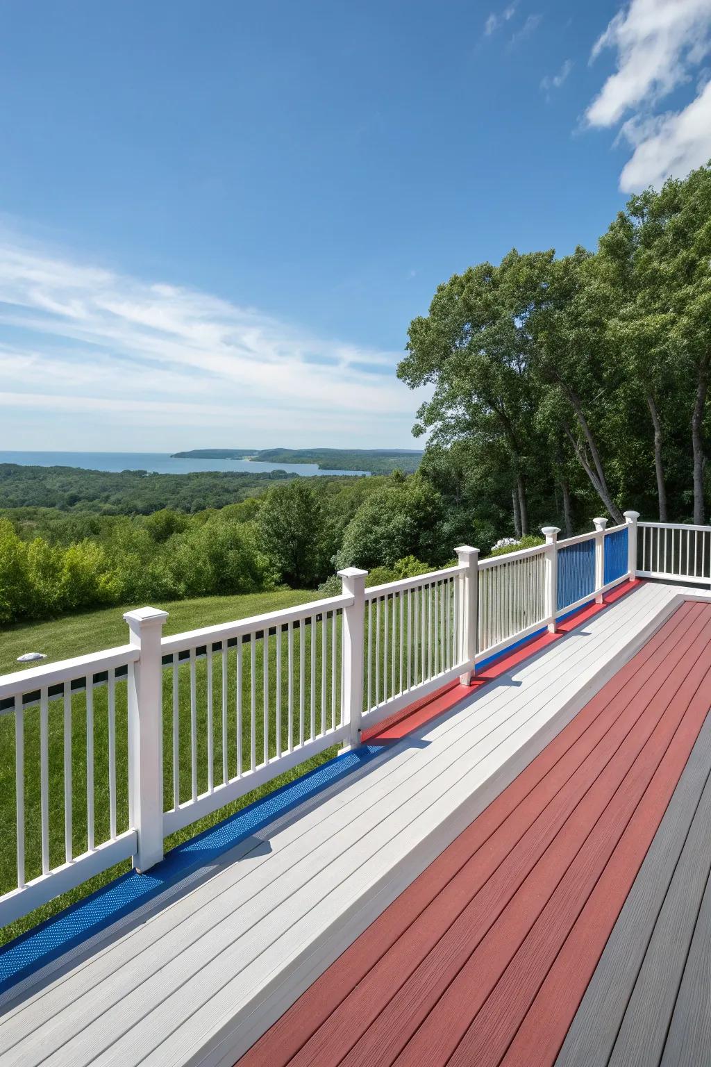 Composite deck with contrasting trim colors, creating a modern and vibrant look.