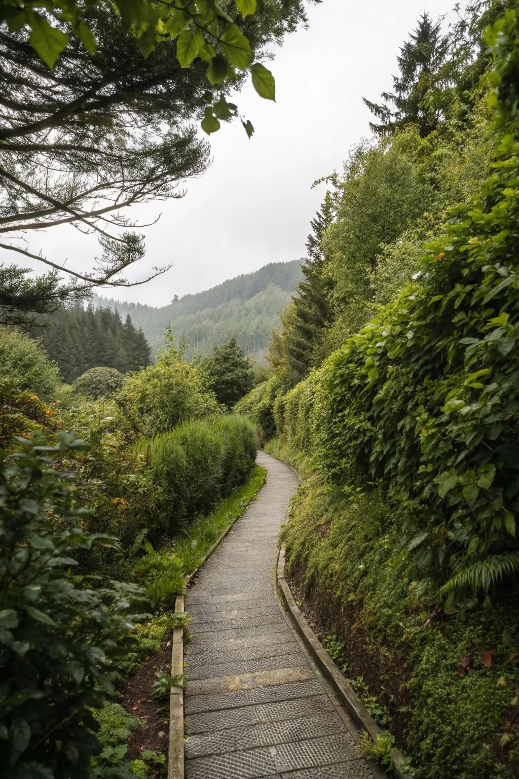 A charming hidden composite walkway weaving through dense foliage.
