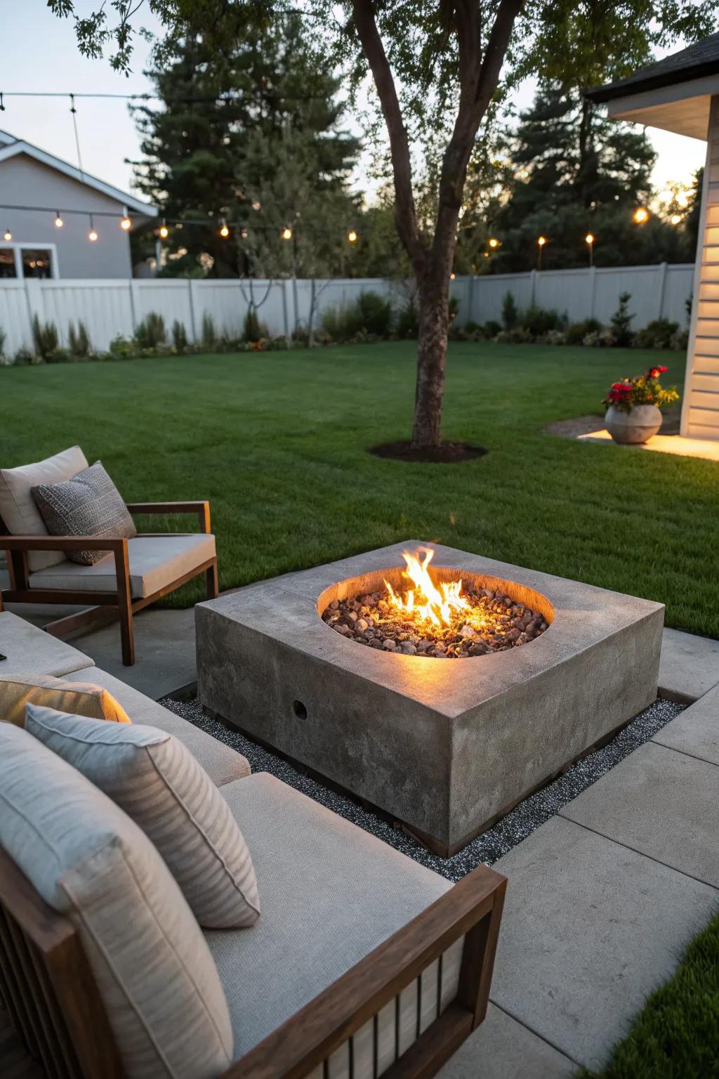 A concrete fire pit with surrounding seating, perfect for backyard gatherings.