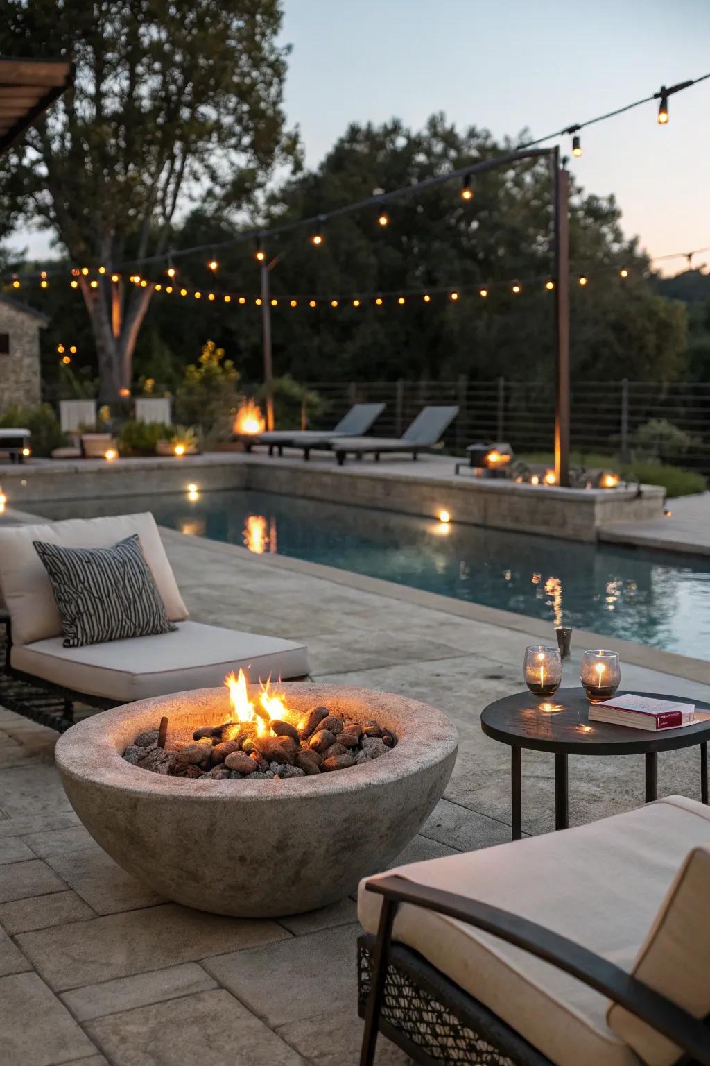 Create a cozy atmosphere with a poolside fire feature.